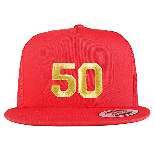 Trendy Apparel Shop Number 50 Gold Thread Embroidered Flat Bill 5 Panel Trucker Cap