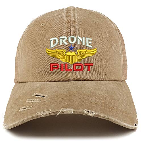 Trendy Apparel Shop Drone Pilot Aviation Wing Embroidered Frayed Bill Trucker Mesh Back Cap