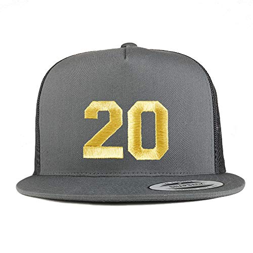 Trendy Apparel Shop Number 20 Gold Thread Embroidered Flat Bill 5 Panel Trucker Cap