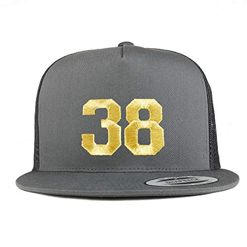 Trendy Apparel Shop Number 38 Gold Thread Embroidered Flat Bill 5 Panel Trucker Cap