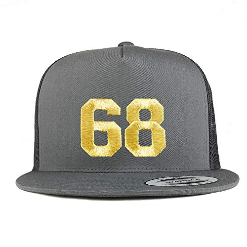 Trendy Apparel Shop Number 68 Gold Thread Embroidered Flat Bill 5 Panel Trucker Cap