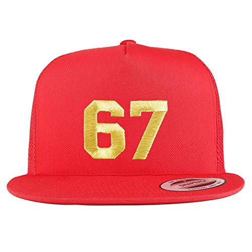 Trendy Apparel Shop Number 67 Gold Thread Embroidered Flat Bill 5 Panel Trucker Cap