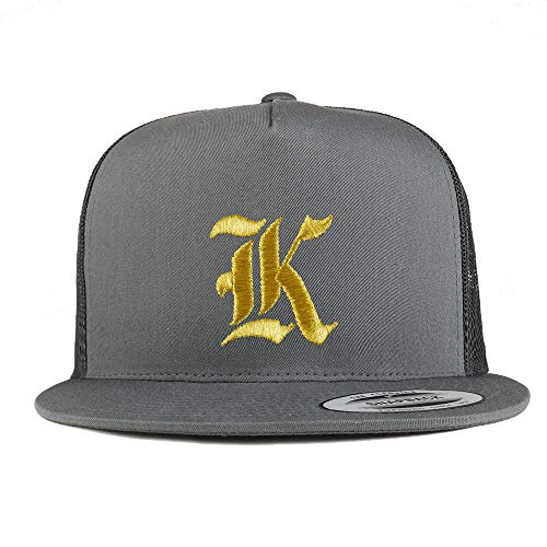 Trendy Apparel Shop Old English Gold K Embroidered 5 Panel Flatbill Trucker Mesh Cap