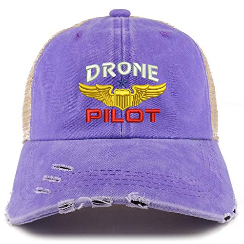 Trendy Apparel Shop Drone Pilot Aviation Wing Embroidered Frayed Bill Trucker Mesh Back Cap