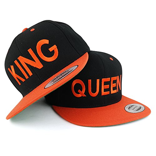 Trendy Apparel Shop King and Queen Two Tone Embroidered Flat Bill Snapback Cap - 2pc Set