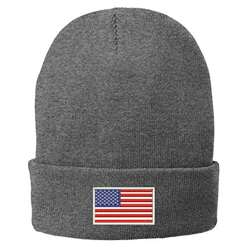 Trendy Apparel Shop US American Flag White Embroidered Winter Folded Long Beanie