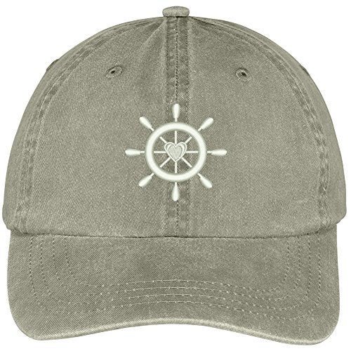 Trendy Apparel Shop Captain Ship Wheel with Heart Embroidered Cotton Washed Baseball Cap