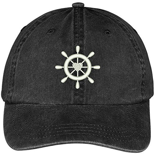 Trendy Apparel Shop Captain Ship Wheel with Heart Embroidered Cotton Washed Baseball Cap