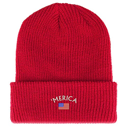 Trendy Apparel Shop Merica Small American Flag Embroidered Ribbed Cuffed Knit Beanie