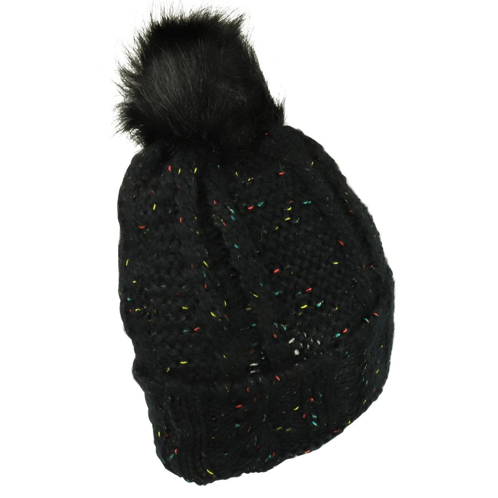 Trendy Apparel Shop Speck Color Knit Cuff Beanie With Fur Pom Pom