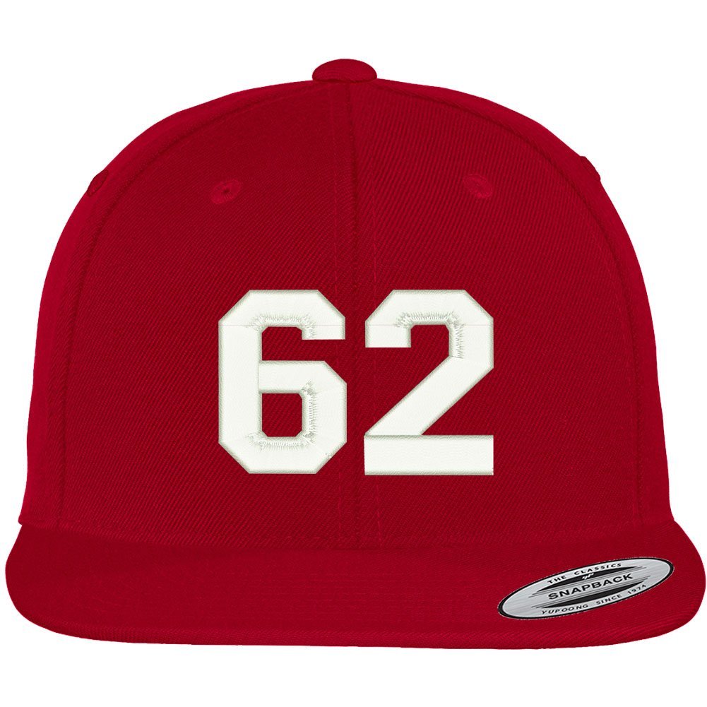 Trendy Apparel Shop Number 62 Collegiate Varsity Font Embroidered Flat Bill Snapback Cap