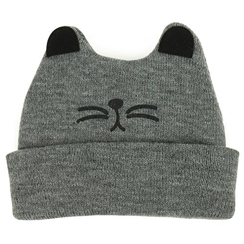 Trendy Apparel Shop Infant Size Cat Ear and Whiskers Embroidered Soft Knitted Cotton Beanie Hat