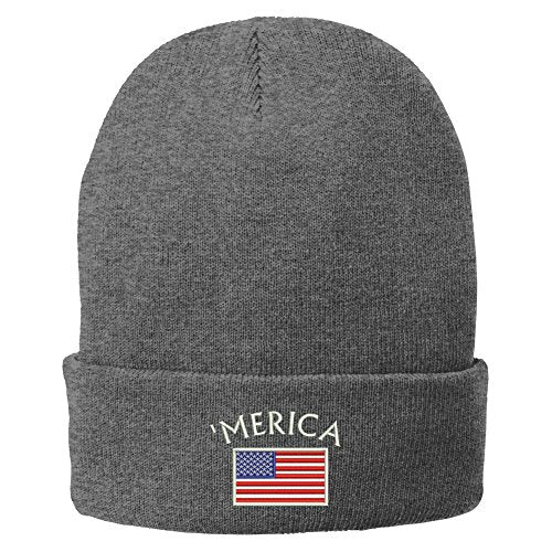 Trendy Apparel Shop Merica with American Flag Embroidered Winter Folded Long Beanie