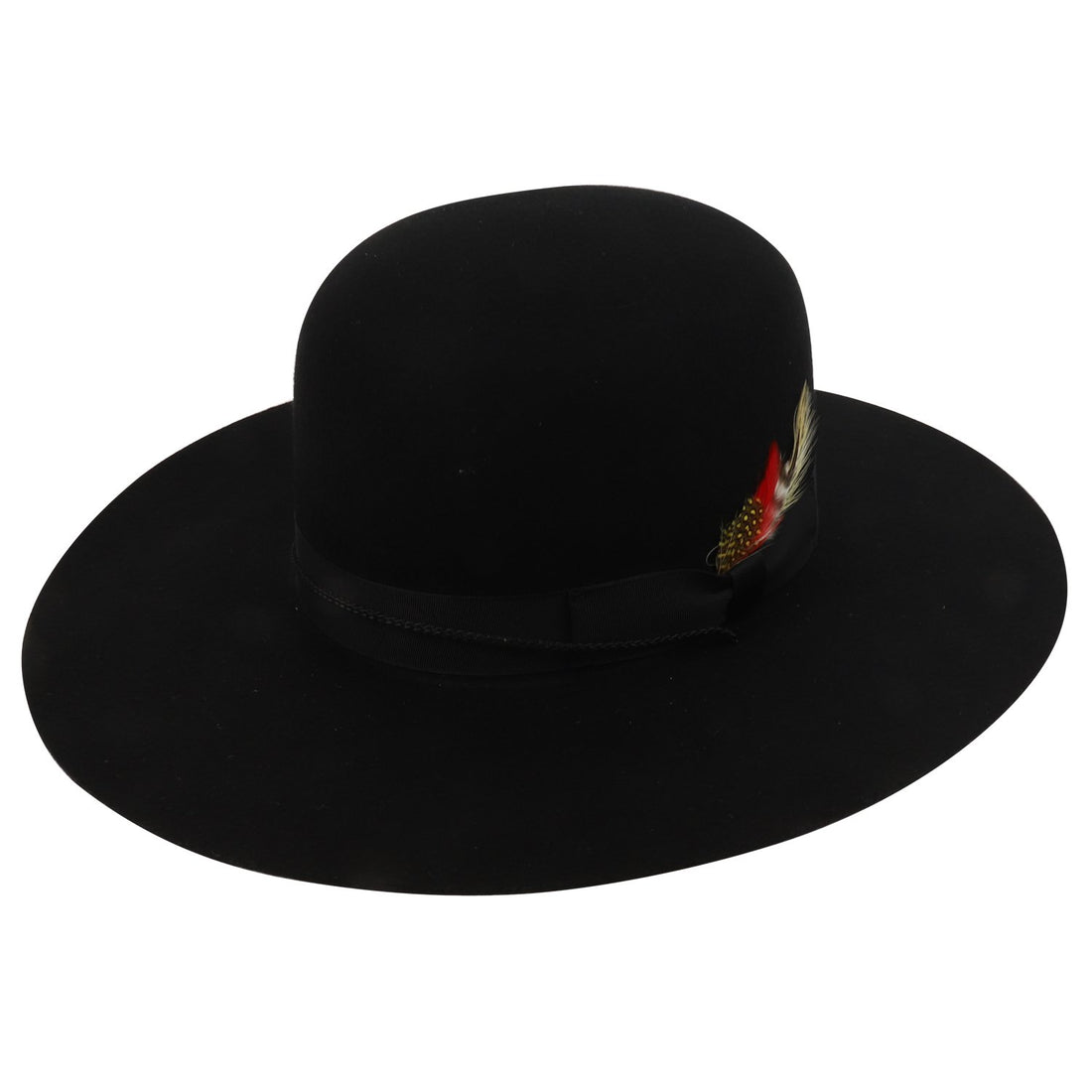 Trendy Apparel Shop Wool Panama Undertaker Flat Brim Hats with Feather