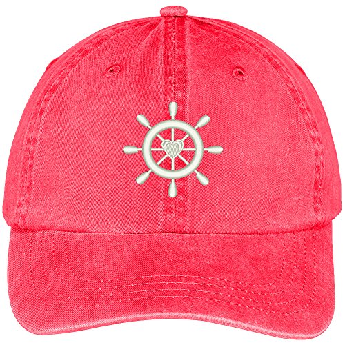 Trendy Apparel Shop Captain Ship Wheel with Heart Embroidered Cotton Washed Baseball Cap