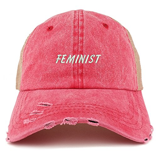 Trendy Apparel Shop Feminist Embroidered Frayed Bill Trucker Mesh Back Cap