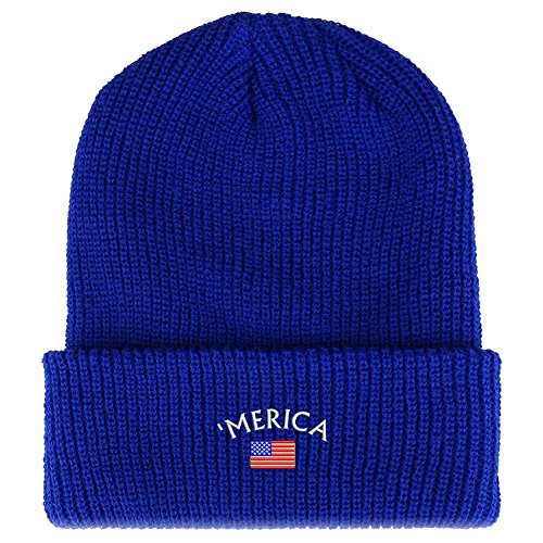 Trendy Apparel Shop Merica Small American Flag Embroidered Ribbed Cuffed Knit Beanie