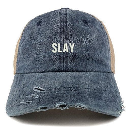 Trendy Apparel Shop Slay Embroidered Frayed Bill Trucker Mesh Back Cap