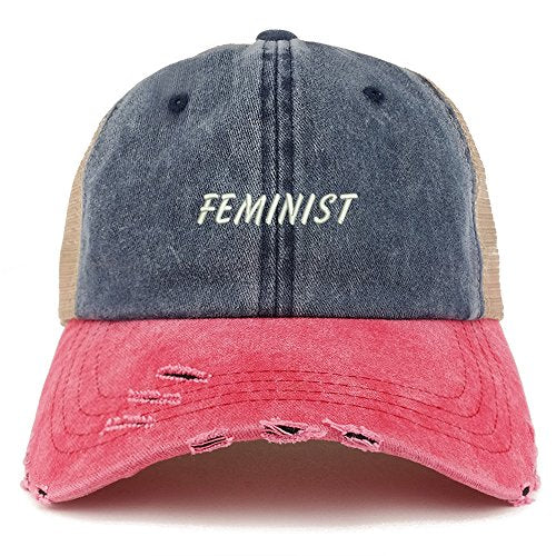 Trendy Apparel Shop Feminist Embroidered Frayed Bill Trucker Mesh Back Cap