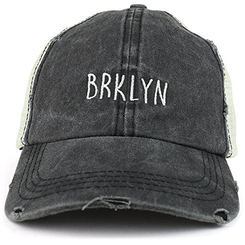 Trendy Apparel Shop Brklyn Embroidered Unstructured Washed Frayed Trucker Mesh Cap