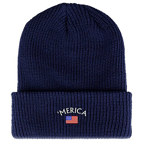 Trendy Apparel Shop Merica Small American Flag Embroidered Ribbed Cuffed Knit Beanie