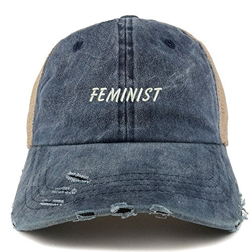 Trendy Apparel Shop Feminist Embroidered Frayed Bill Trucker Mesh Back Cap