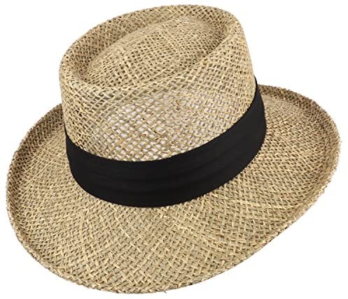 Trendy Apparel Shop Seagrass Straw Mesh Gambler Hat with Black Hat Band - Natural