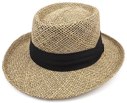 Trendy Apparel Shop Seagrass Straw Mesh Gambler Hat with Black Hat Band - Natural