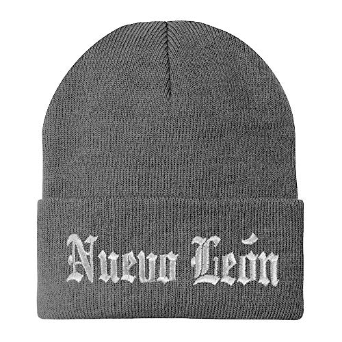 Trendy Apparel Shop Old English Nuevo Leon White Embroidered Acrylic Knit Beanie Cap