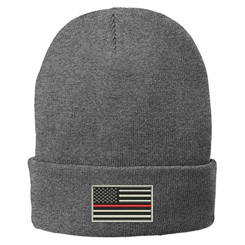 Trendy Apparel Shop US American Flag Thin Red Line Fire FD Embroidered Winter Folded Long Beanie