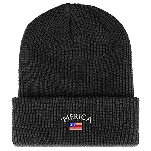 Trendy Apparel Shop Merica Small American Flag Embroidered Ribbed Cuffed Knit Beanie