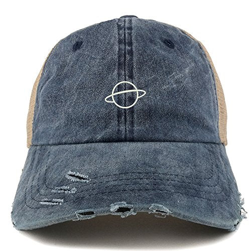 Trendy Apparel Shop Planet Embroidered Frayed Bill Trucker Mesh Back Cap