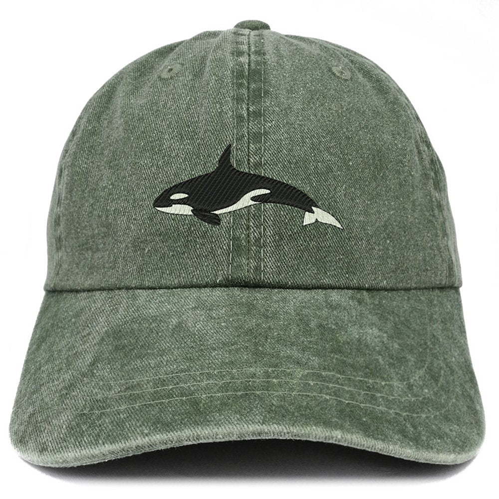 Trendy Apparel Shop Orca Killer Whale Embroidered Pigment Dyed 100% Cotton Cap - Khaki