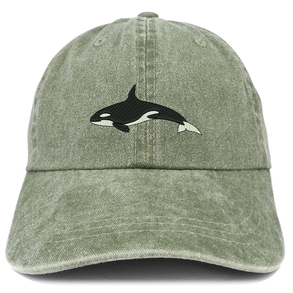 Trendy Apparel Shop Orca Killer Whale Embroidered Pigment Dyed 100% Cotton Cap - Khaki