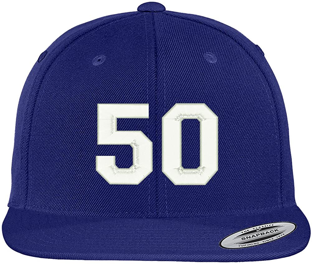 Trendy Apparel Shop Number 50 Collegiate Varsity Font Embroidered Flat Bill Snapback Cap