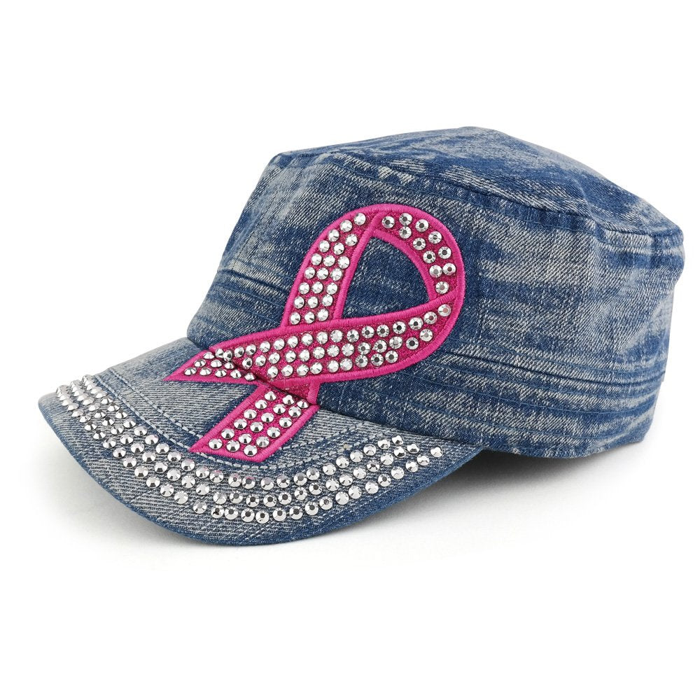 Trendy Apparel Shop Breast Cancer Pink Ribbon Cubic Stone Jeep Style Adjustable Cap