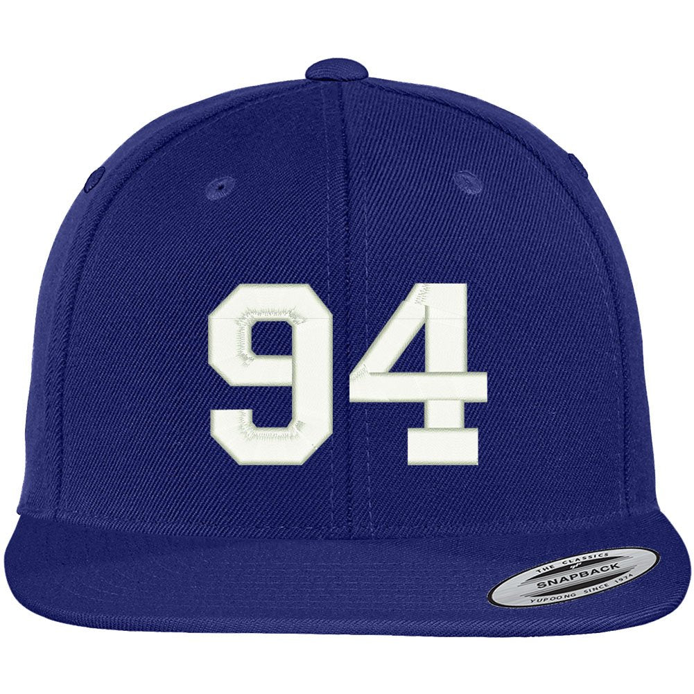 Trendy Apparel Shop Number 94 Collegiate Varsity Font Embroidered Flat Bill Snapback Cap